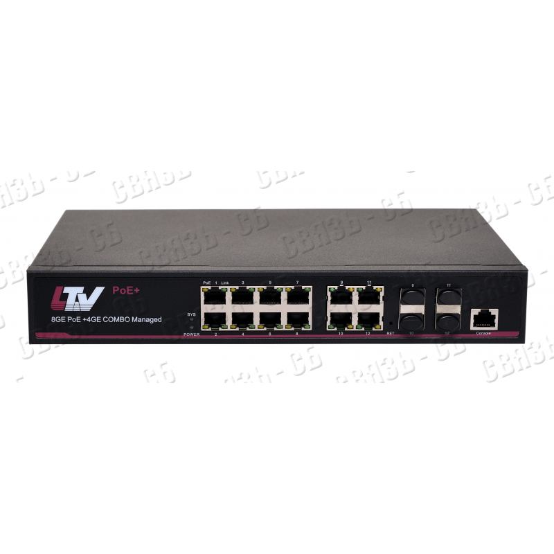 Коммутатор LTV-3S08G4C-MP дальность до 100 м (250 м при CCTV), RACK, 8xRJ-45 (c PoE), 4xCombo RJ-45/