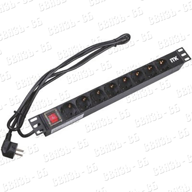 PH12-8D1, ITK PDU 8 розеток нем. стандарт, с LEDвыключателем,1U, шнур 2м вилка нем. стандарт, алюми