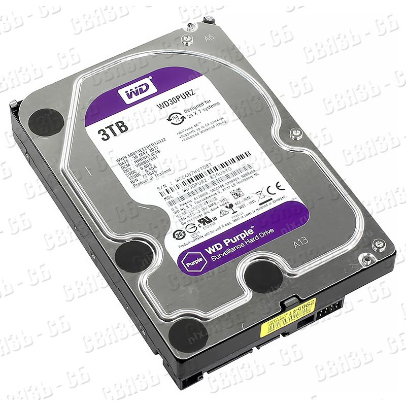 Жесткий диск WD Original SATA-III 3Tb WD30PURZ Video Purple (5400rpm) 64Mb 3.5" 